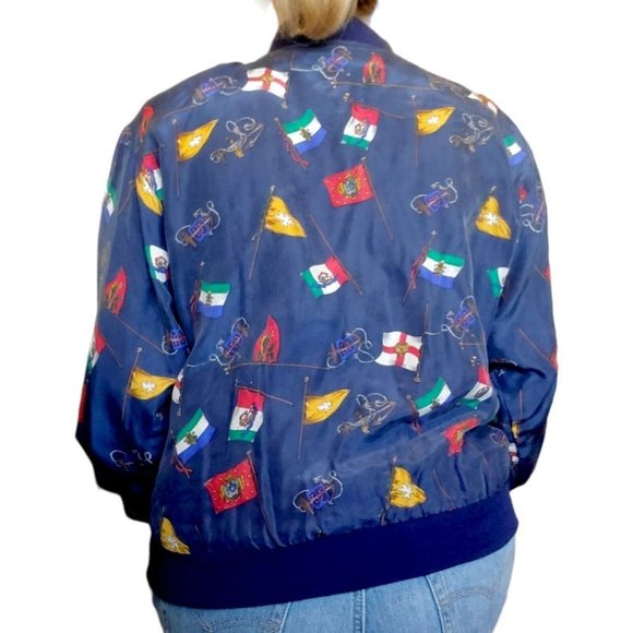 Vintage 90s Navy Blue Silk Womens Bomber Jacket S/M Flags Nautical Yacht - Picture 3 of 10